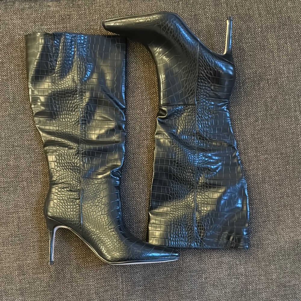 Black Croc-Embossed Knee-High Boots